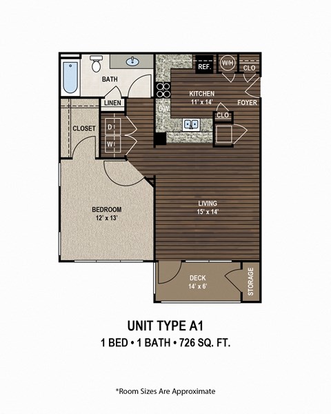 A diagram of a small apartment layout with a bedroom, living room, and bathroom.